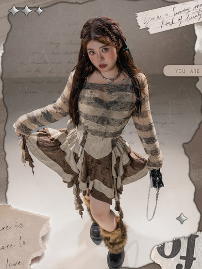 Punk Plus Size Asymmetrical Neckline Brown Striped Coverup Wasteland