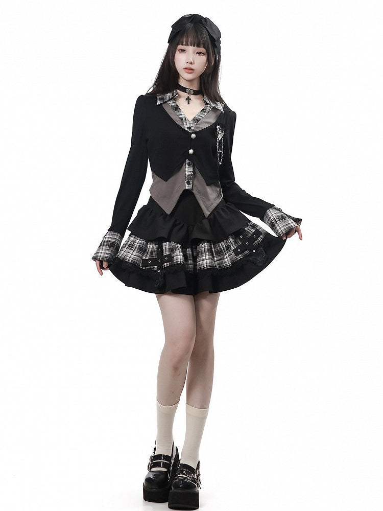 Vintage Kawaii Black & Gray Plaid Faux Two-Piece Knit Shirt with Heart Brooch - PINK SAVIOR