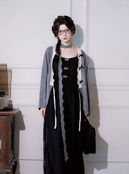 Gray Outerwear with White Trim & Bowknot Details - Luo Xiu Dong Xiang