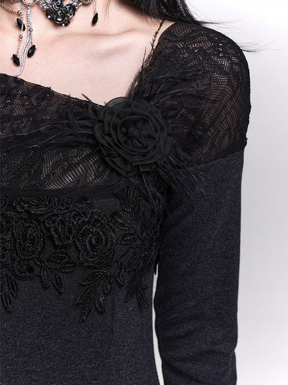 Black One-Shoulder Fleece Lining Maxi Dress with Bell Sleeves and Floral Lace Embroidery
