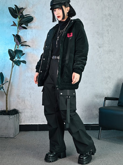 Embroidered Gothic Pockets Cheongsam Eyeball Cargo Cuffs with Black Drawstring Pants