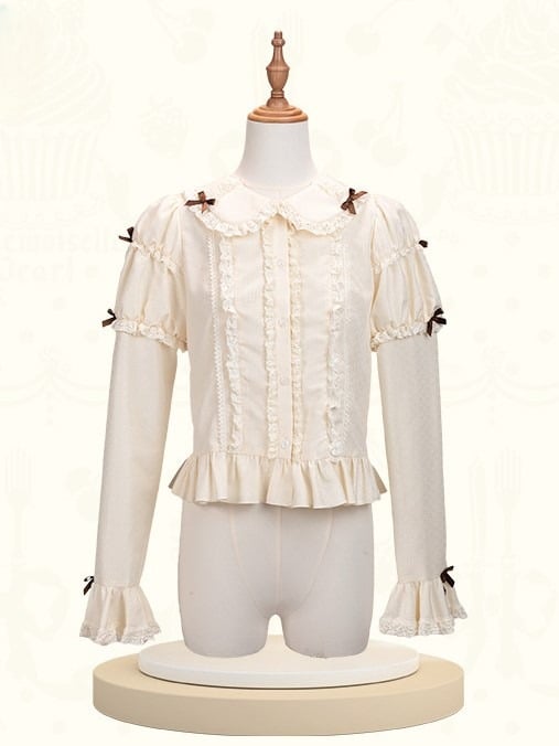 Brown Beige Long Blouse Lolita Sleeves Bowknots with