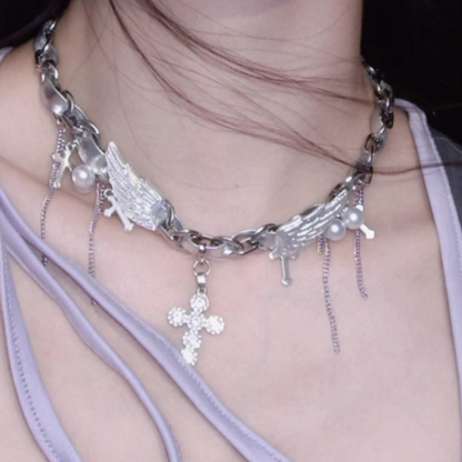 Engel Silber Flügel Kreuze Cyberpunk Y2K Halskette