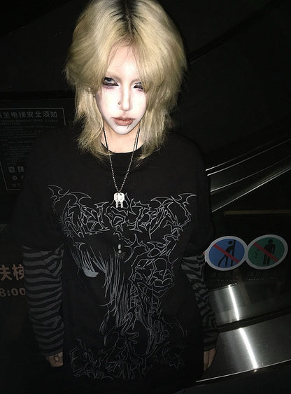 ブラック エモ パンク ガール ストライプ スリーブ グラフィック Tシャツ