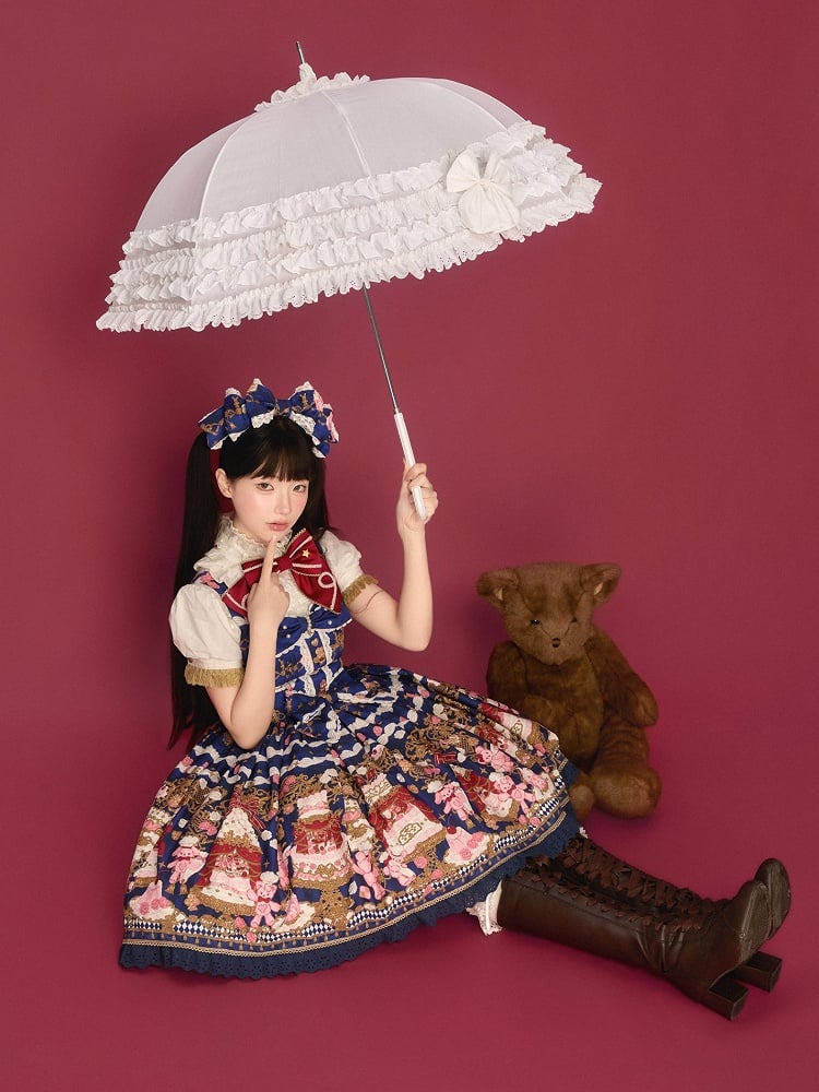 Lolita and Print Dress Details Sweet Bow Lace JSK Cake Blue Bear with Trim Dark