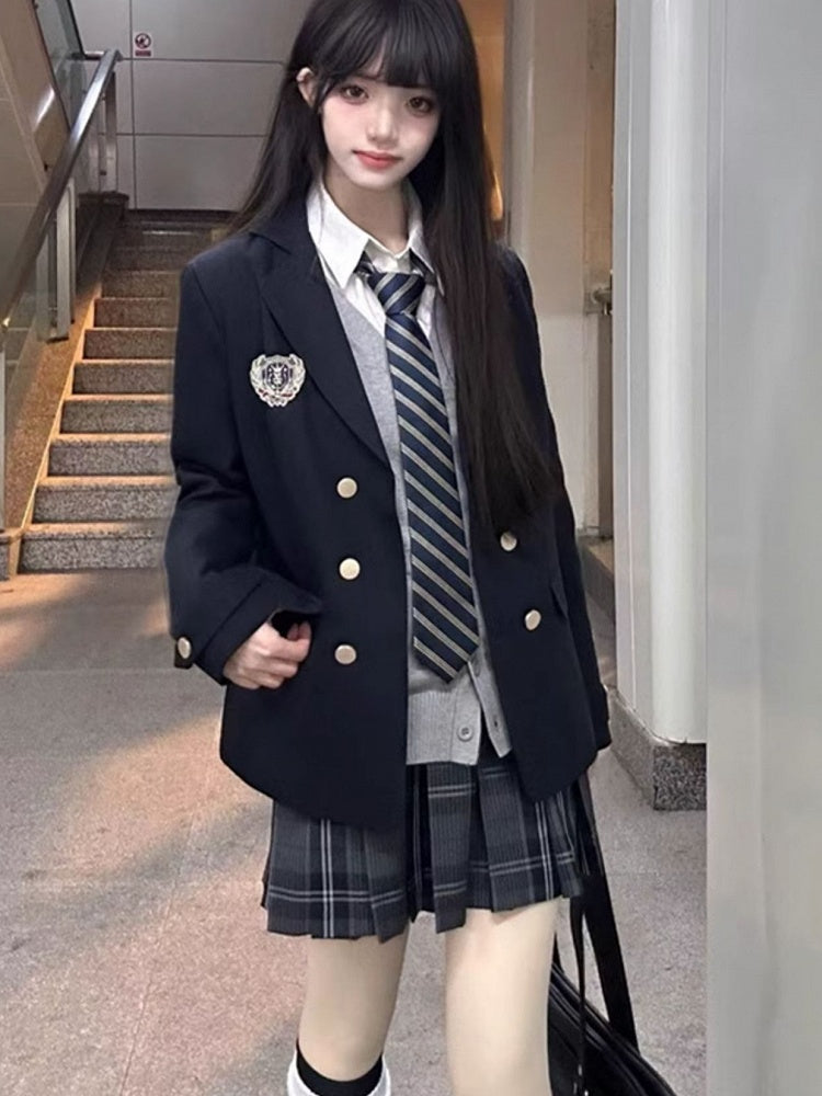 JK Decorated Blazer Blue Preppy Style Badge Uniform Dark