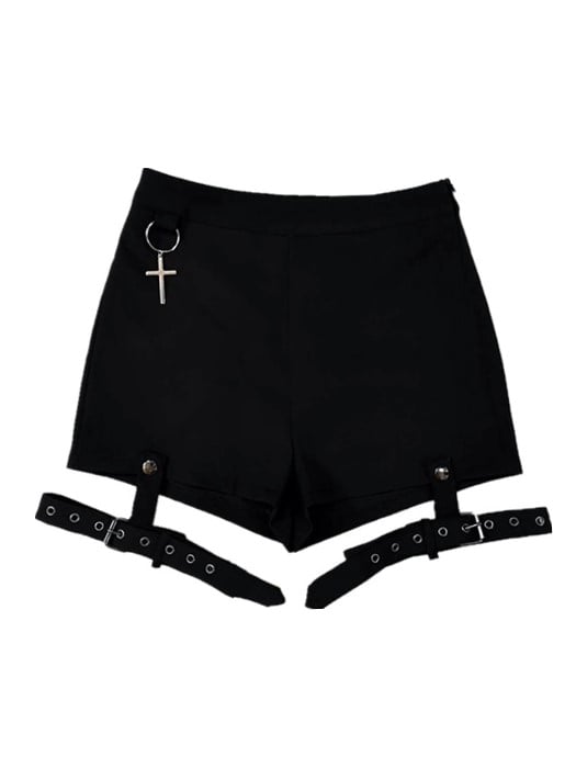 Punk with Buckle Gothic Leg Cross Rings Black Shorts Detachable Charms