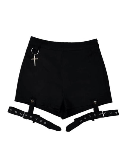 Punk with Buckle Gothic Leg Cross Rings Black Shorts Detachable Charms