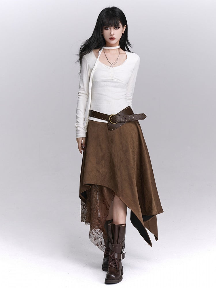 mit modischem Spitzentaschentuchsaum, Kaffeerockdetails, Wasteland Patchwork, Millard Wildleder