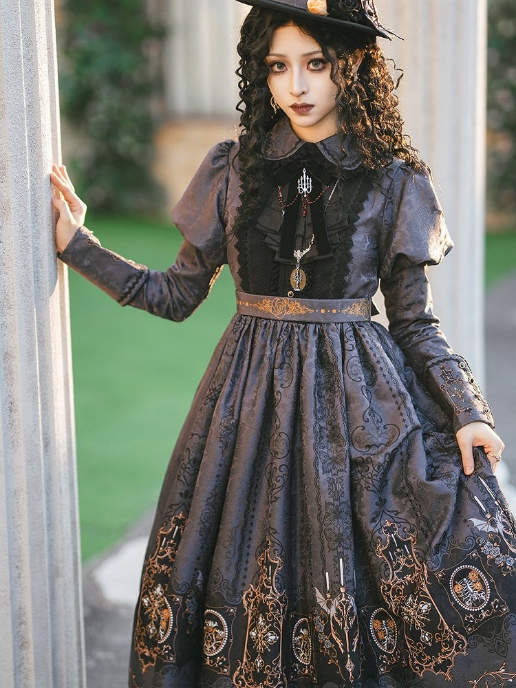 Lolita with Bat Juliette Wings Candelabras Sleeves Print Gray Dress Gothic