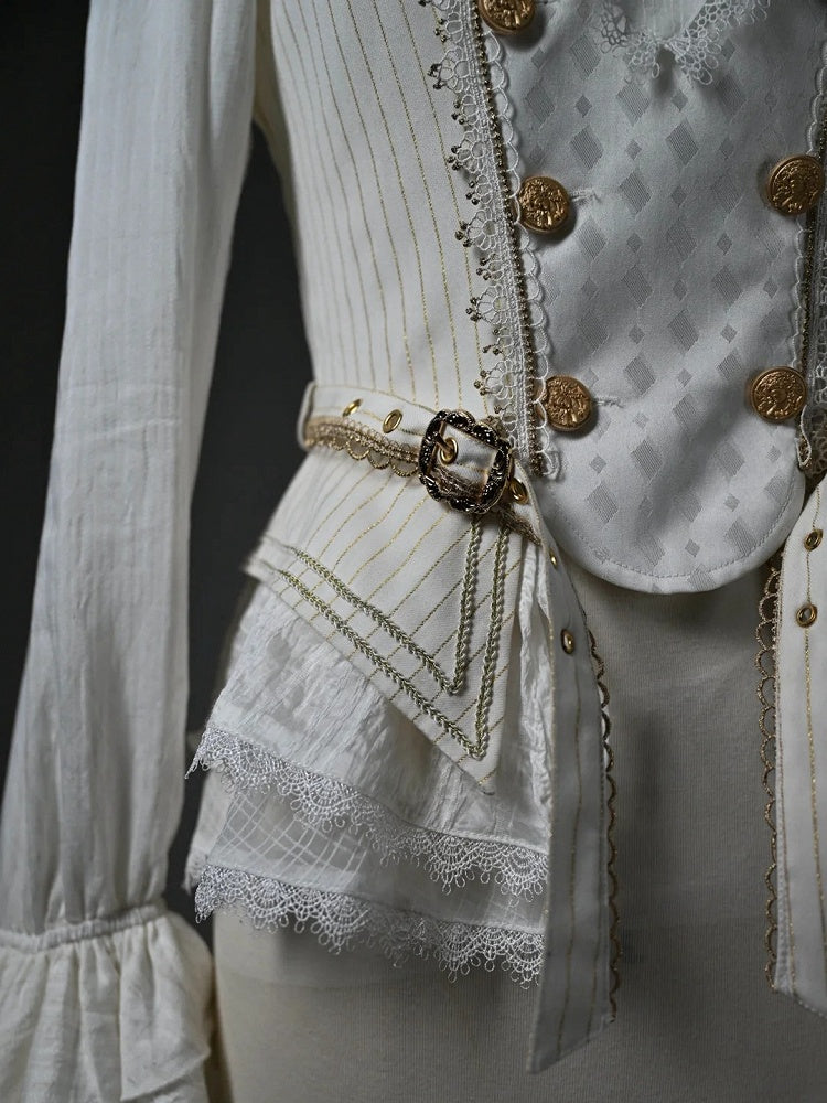 White Jabot Ruffled Long Sleeve Ouji Lolita Top with Cascading Cuffs