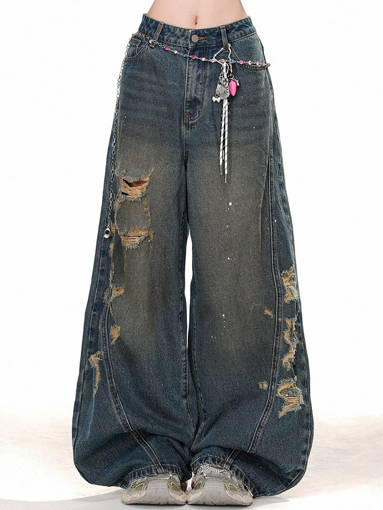 Löcher Distressed Blau Weites Bein Jeans Cut Denim