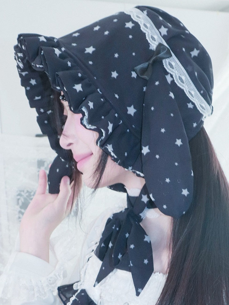 Navy Star Print Trim Bonnet White Blue Chiffon Bunny with Lace Ear