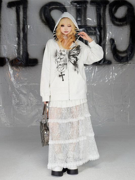 White Butterfly Cross Print Zip Closure Long Sleeves Hoodie