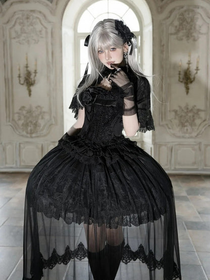 Black Elegant Classic Loli Dress Set with Cape and Brooch - Airfreeing