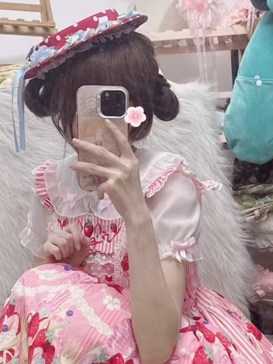 Lace Flat Strawberry Red Polka-dot Bow Hat