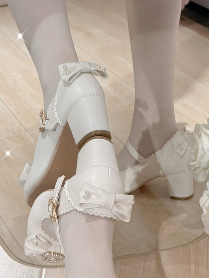 ラウンドロリータラインストーンメリートゥ装飾ディテールホワイト＆ビーズボウノットジェーンズシューズ