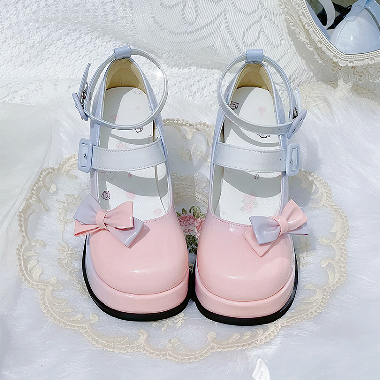 ピンクブルーグラデーション取り外し可能な蝶結びプラットフォームハイブロックヒールロリータシューズ