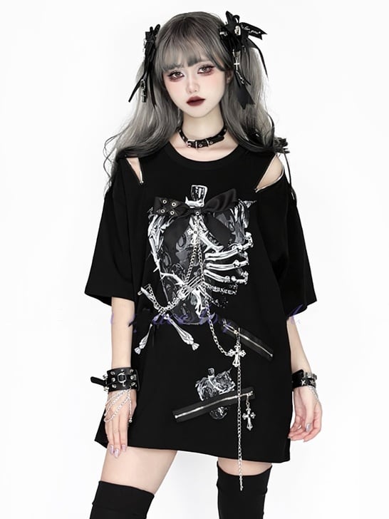 Convertible Zip-Shoulder Hardwarein Rib BlackWhite/BlackBlue Printwith T-shirt:Strawberryand Decorative