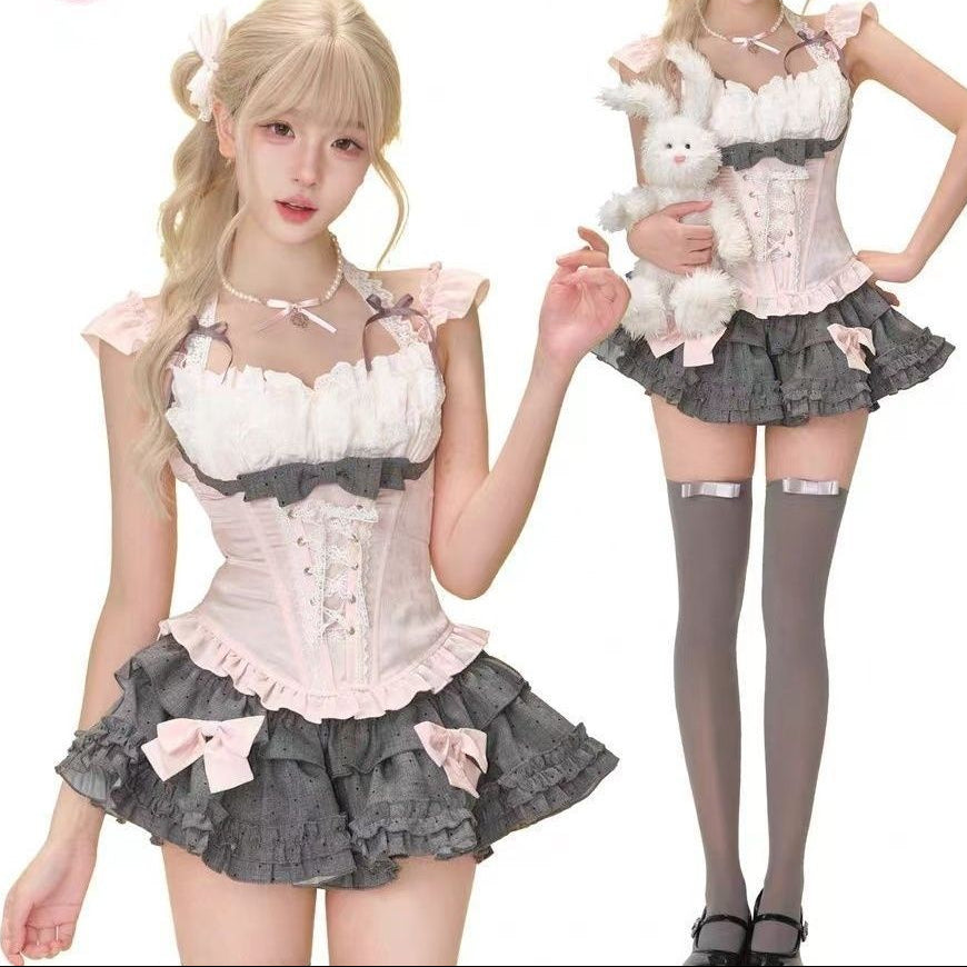 Sweet Pink Bow Cake Skirt Two-Piece Set – Summer Girl Outfit