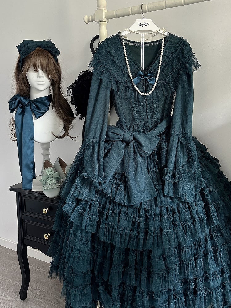 Sleeves Green Lolita - Skirt Blouse Dotted Cotton Tulle + Belt Set Bell Mesh Multi-layered Vest Elegant Dark Waist Classic