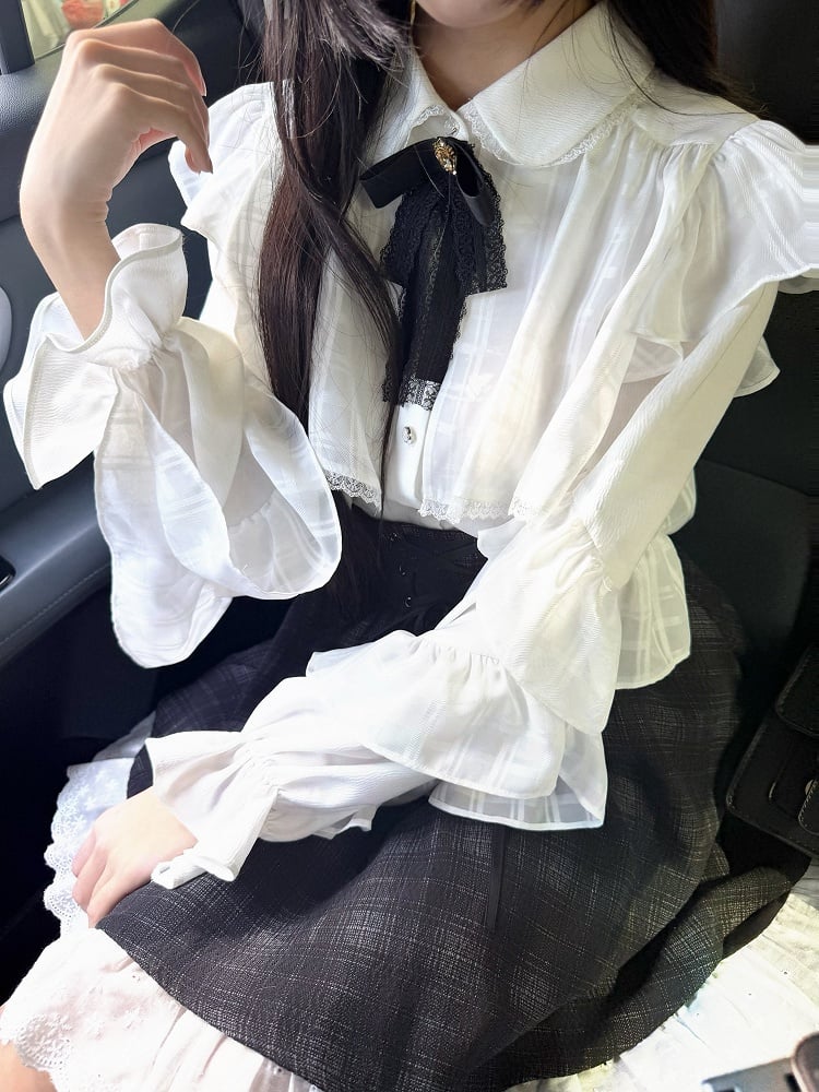 Bow High-Waisted Blouse + White Decor Kei Black Ruffle - Lace Skirt Plaid with Set Jirai