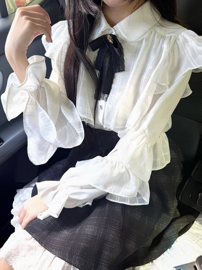 Bow High-Waisted Blouse + White Decor Kei Black Ruffle - Lace Skirt Plaid with Set Jirai
