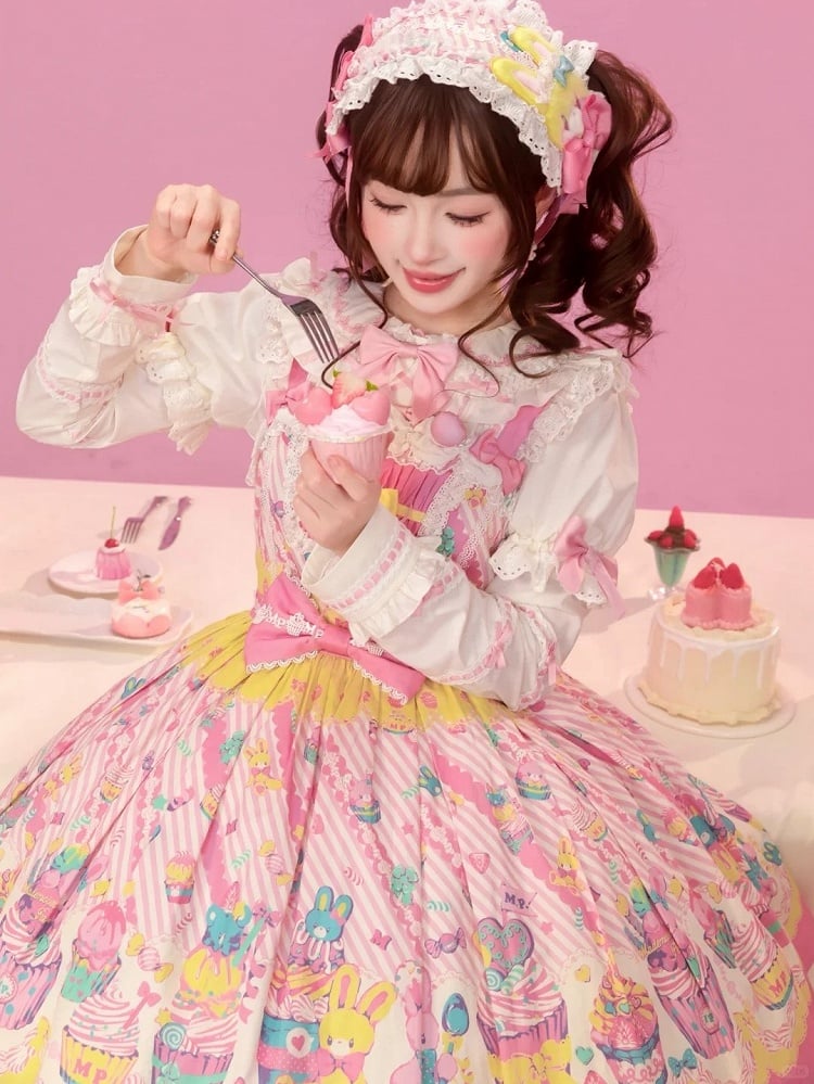 Trim Flutter and Sleeves Yellow Lolita JSK Cupcake with Dress Prints Sweet Lace Pink