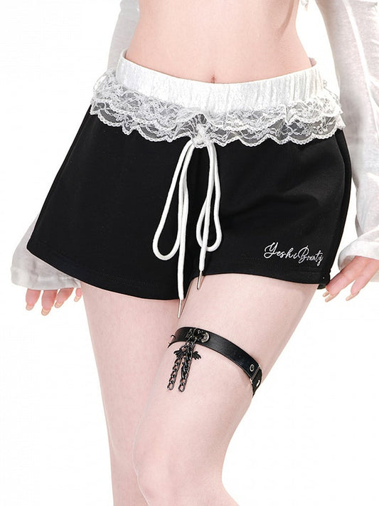 Shorts mit Kordelzug, Mini-Taillenbesatz, Spitze, lässig, weites Bein, Schwarz