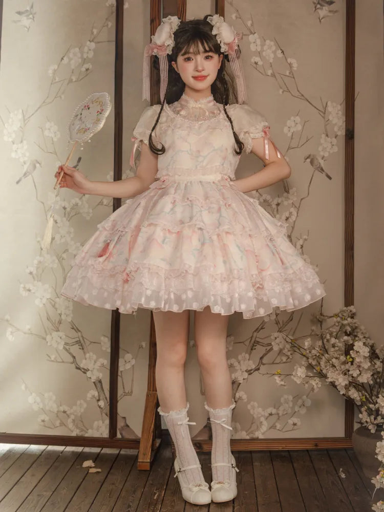 Pink Tiered Skirt Qi Lolita Dress Delicate Peach and Peach Blossom Embroidery on Neck