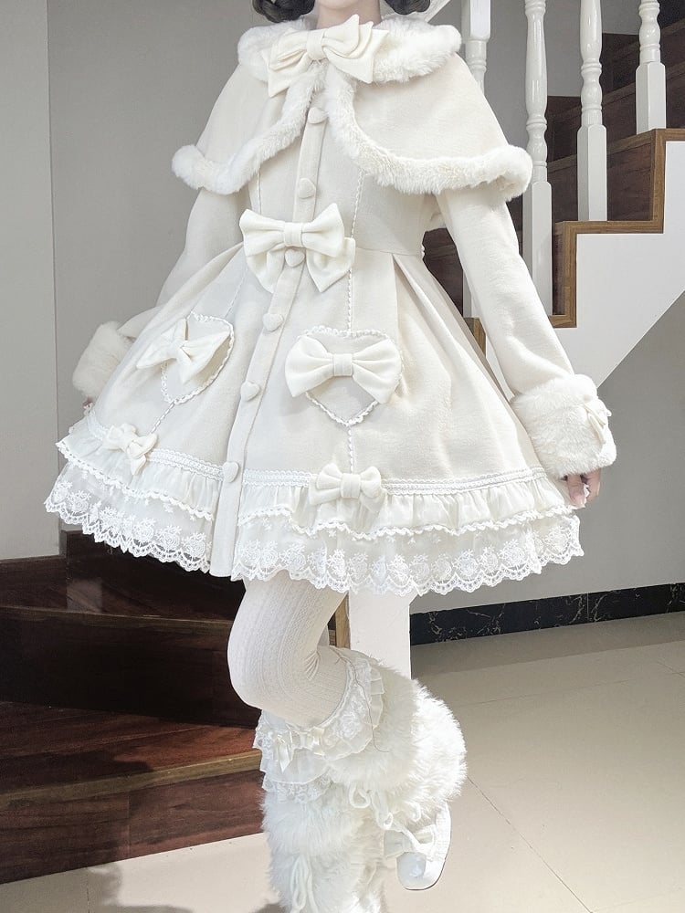 White Bow Accents Cape Lolita Coat with Lace Trim