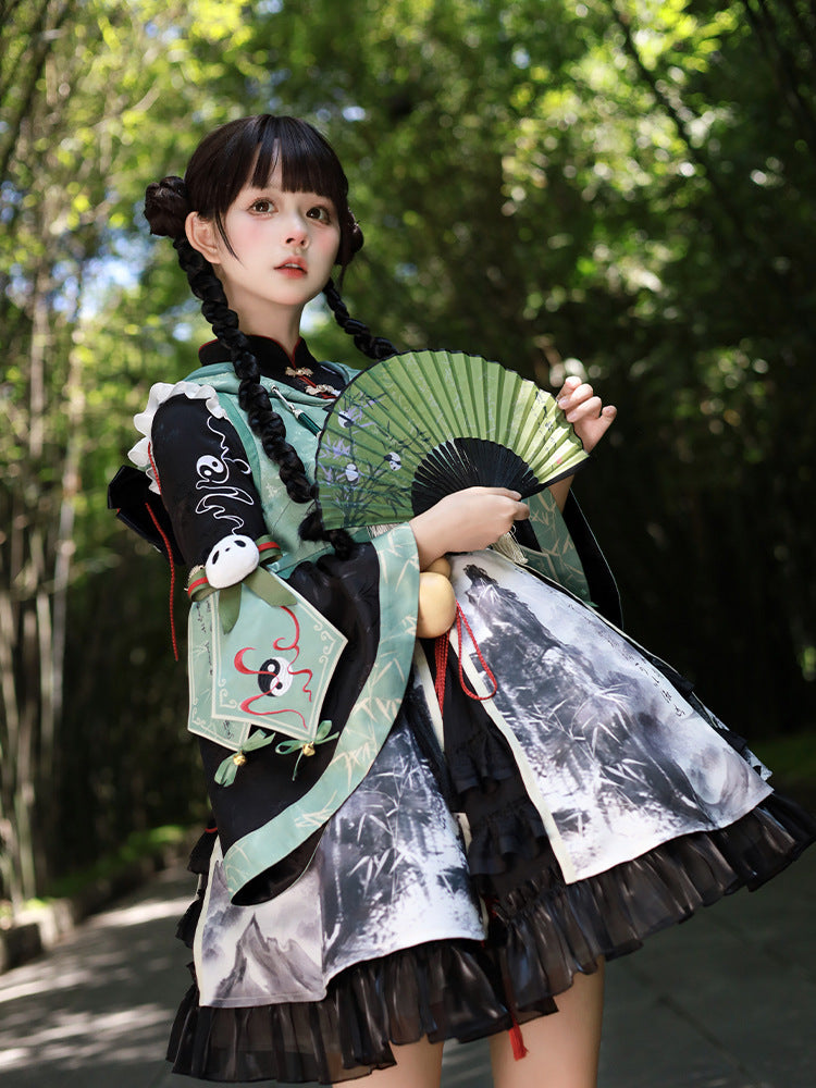 Tassels Lolita Bell Dress with Sleeves Ink-Painting and Black White Style