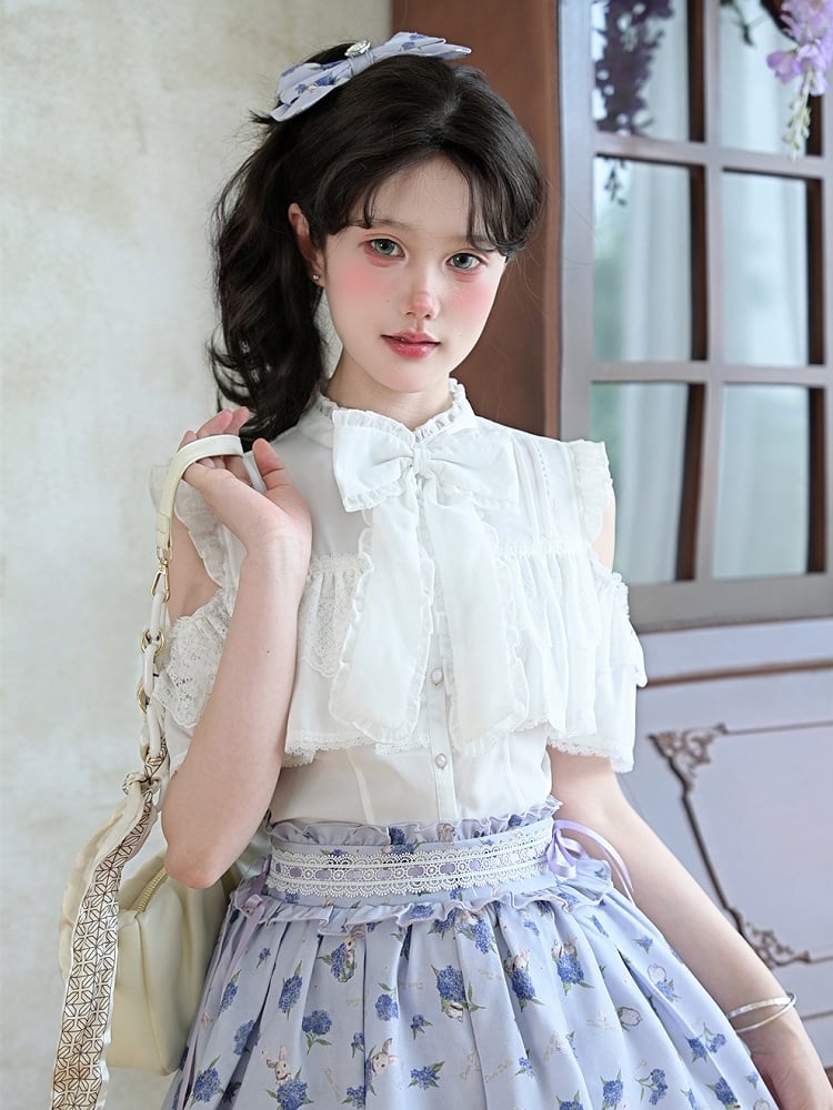 リボンホワイトオープンショルダービッグネックラインシフォンブラウス