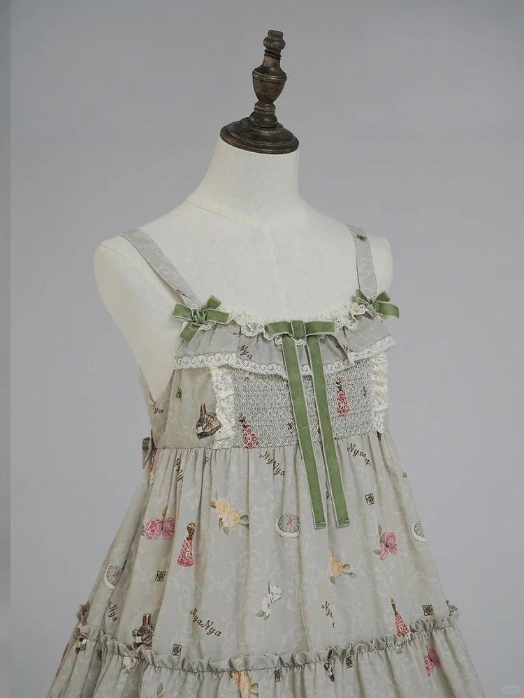 Green Cat Print High Waist Sweet Lolita Jumper Skirt - NyaNya
