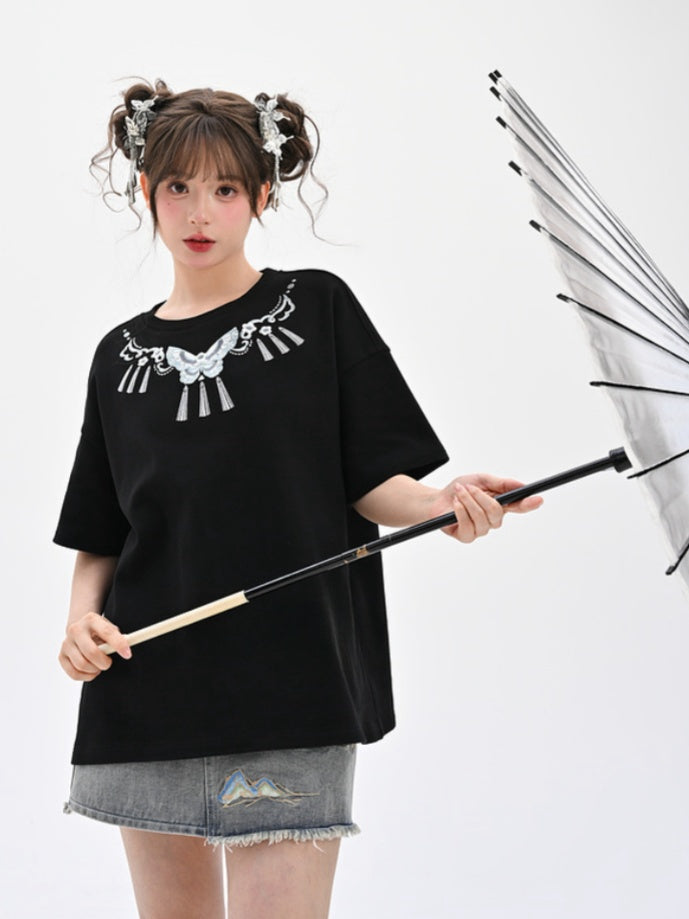 Black Round Butterfly Embroidery Cheongsam Style T-Shirt Neck