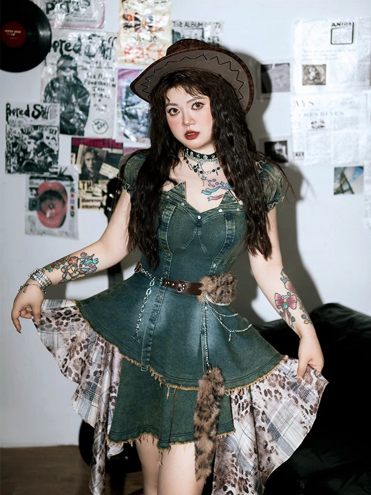 Mode mit blauen Puffärmeln Jeanskleid Leopardengürtel Patchwork Plus Size Gyaru Taille