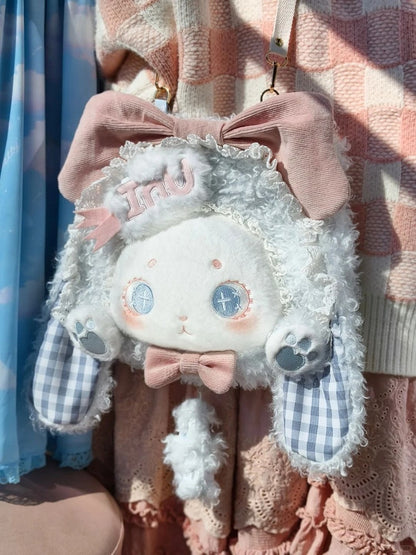 with Lop Plush Bowknots Sweet Pink Ear Plaid Bunny Blue Bag Lolita