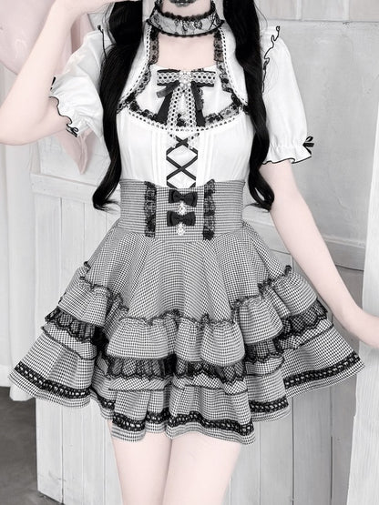 Monochrome Houndstooth Tiered Skirt with Lace Trim and Rhinestone Bows - GingaU