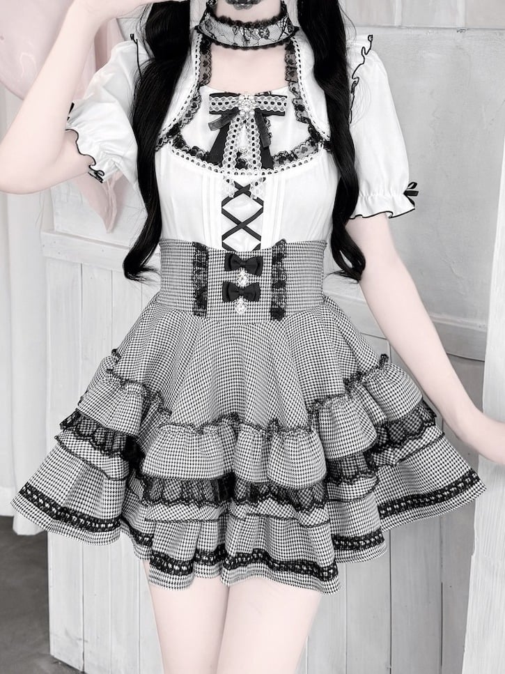 Monochrome Ruffle Sleeve Blouse with Lace, Bow and Choker Accents - GingaU
