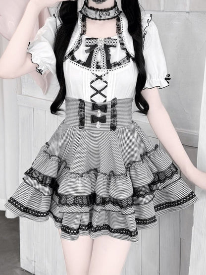 Monochrome Ruffle Sleeve Blouse with Lace, Bow and Choker Accents - GingaU