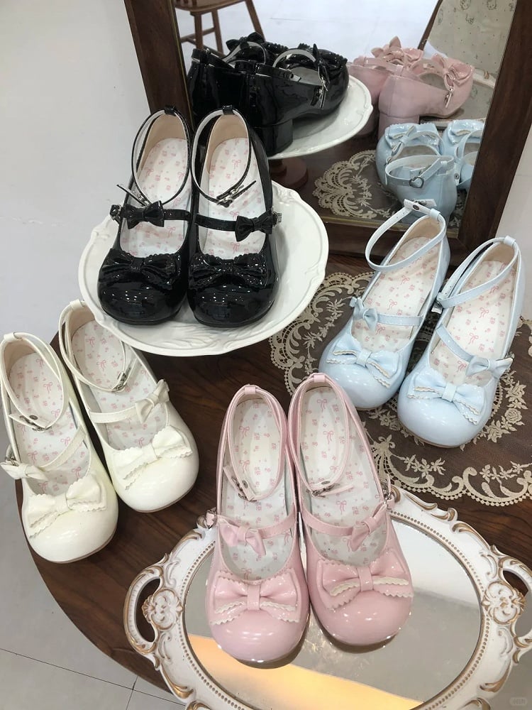 Mary Accents Bow White PU Delicate - Heel Lolita Janes with Sweet Low/Mid