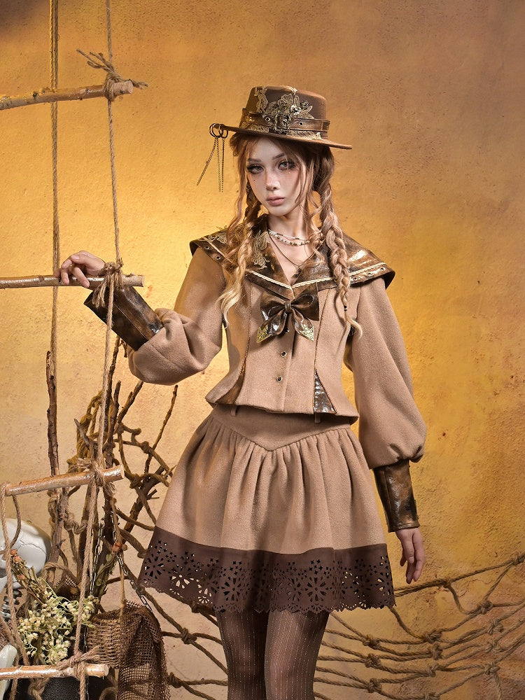 Lace Collar Applique Steampunk Embroidered Top PU with Khaki Sailor Brown