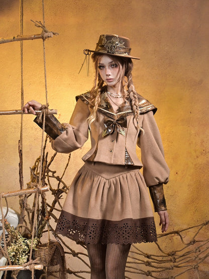 Lace Collar Applique Steampunk Embroidered Top PU with Khaki Sailor Brown