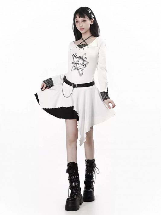 Retro Kawaii Halter V-Neck Long Sleeve Dress with Uneven Hemline & Printed Accents - PINK SAVIOR