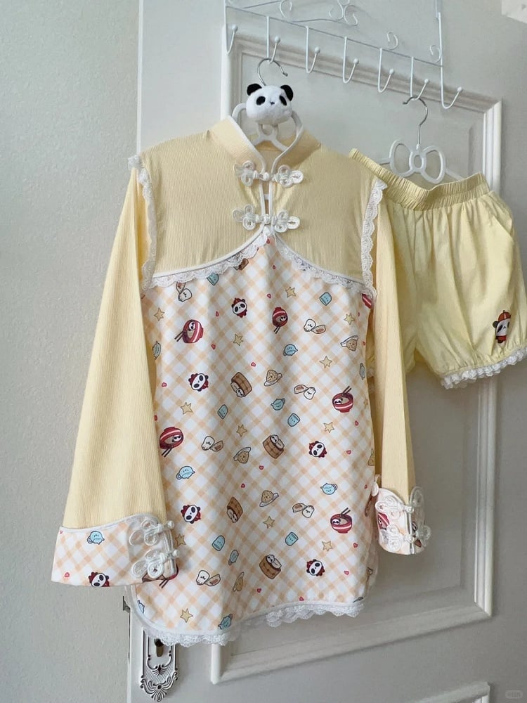 Qipao Style Yellow Set: Frog Bloomers Cheongsam | Dress Outfit Button Plaid Collar Mandarin