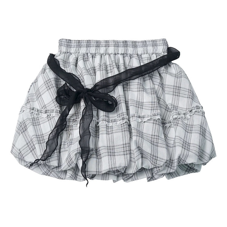 White Plaid Bubble Skirt with Black Bow - PINK SAVIOR