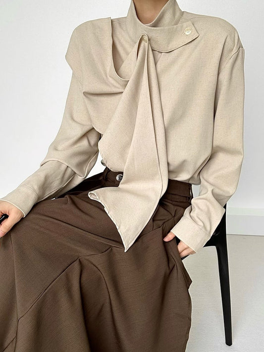 Button Sleeve Long Extended Stand with Shirt Unisex Collar Khaki