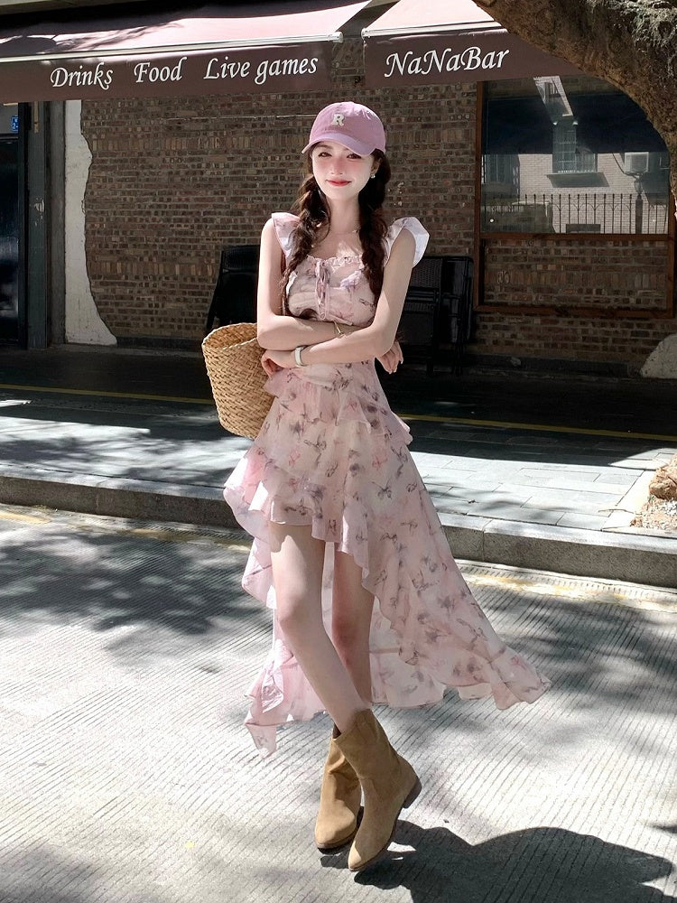 Pink Butterfly Print Dress with Asymmetrical Hem - Qchiwawameme