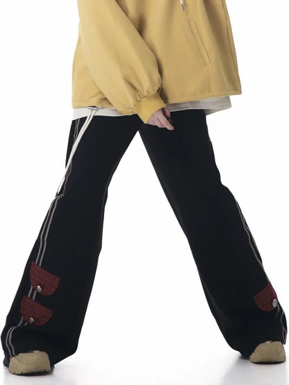 with Red Patchwork Straight-leg Detail Black Pants Plaid