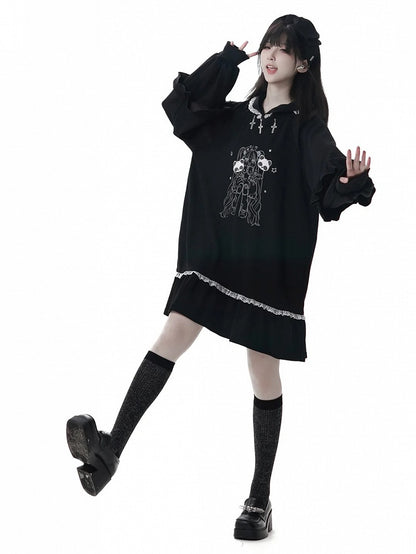 Cross Black Sweet-Grunge and Decoration Doll Metal with Dark Hoodie Dress Aesthetic Lace